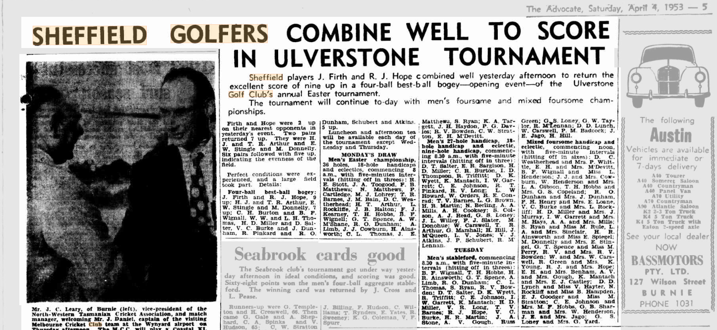 19530404_Advocate_Sheffield Golfers in Ulverstone Easter Toutnament 19530404_Advocate_Sheffield